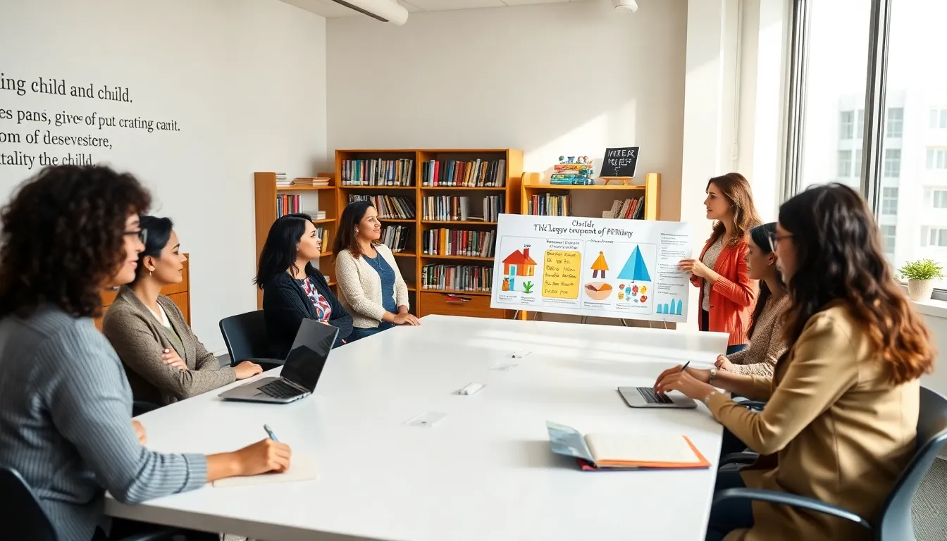 Educators discussing child development stages in a modern classroom.