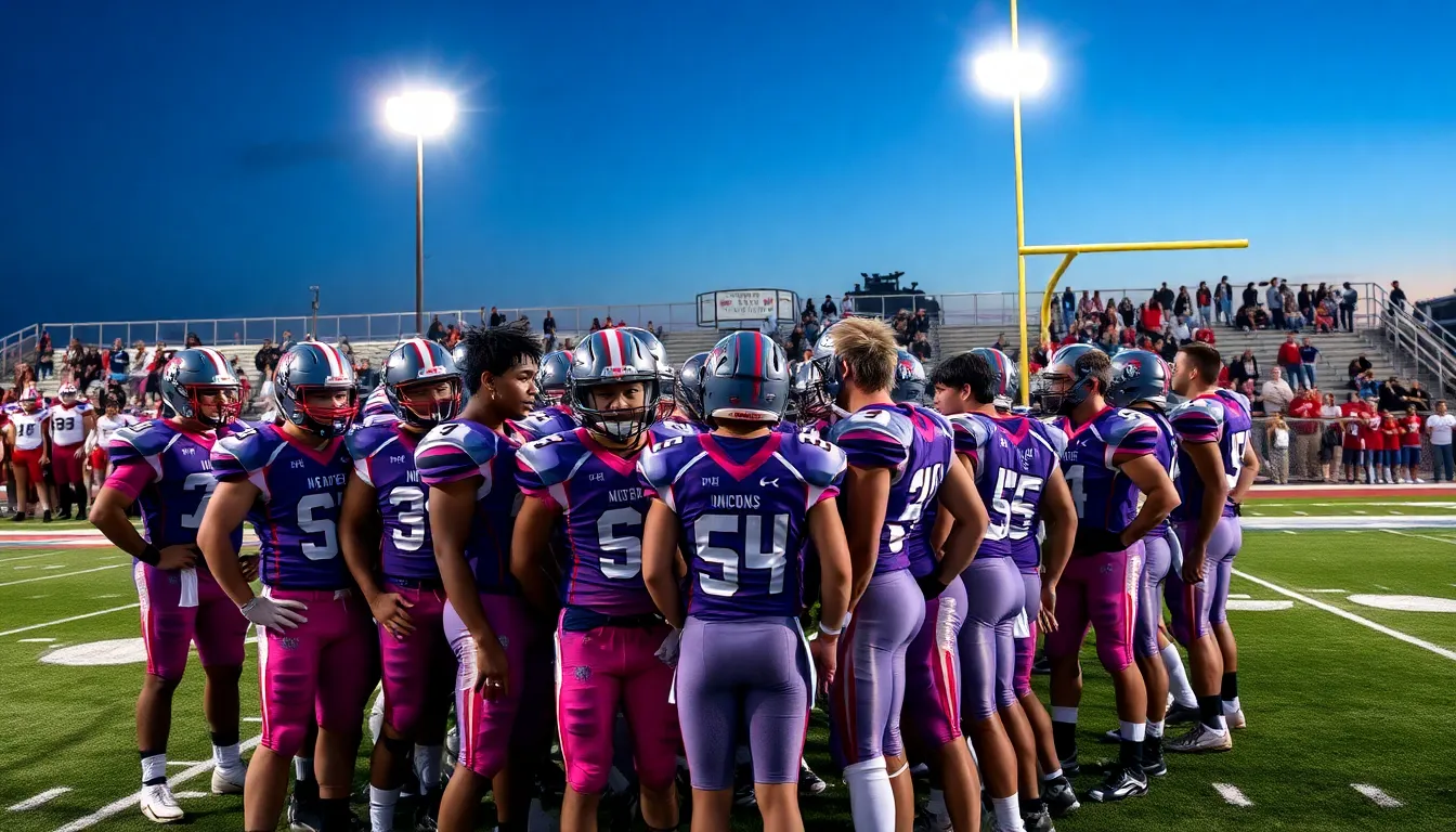 high school football team huddling on the field during a night game.