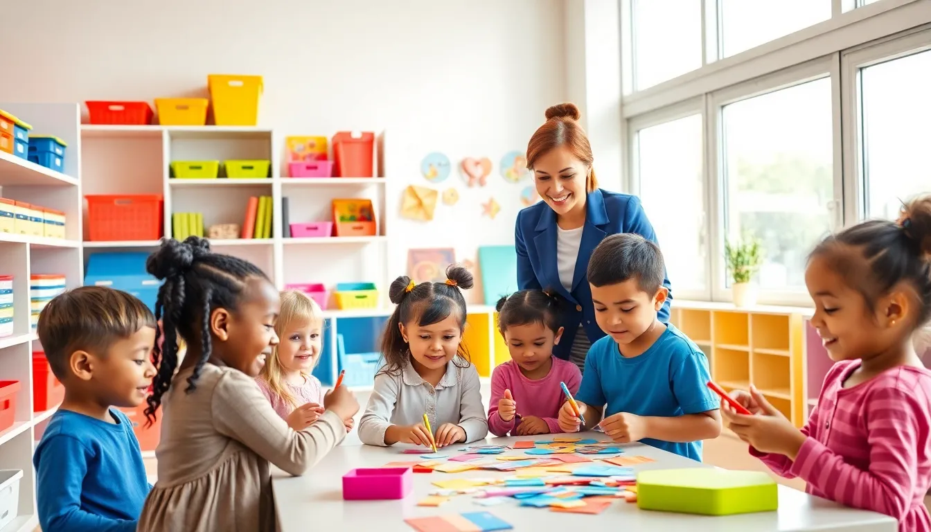 children engaged in arts and crafts in a colorful classroom.